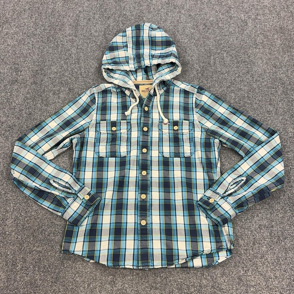 Hollister Shirt Mens L Blue Plaid 100% Cotton Hooded Long Sleeve Button Up